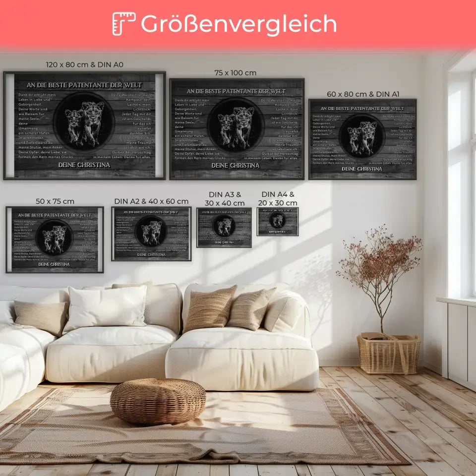 Dankes Poster mit Löwen für Patentante Schwarz Weiß