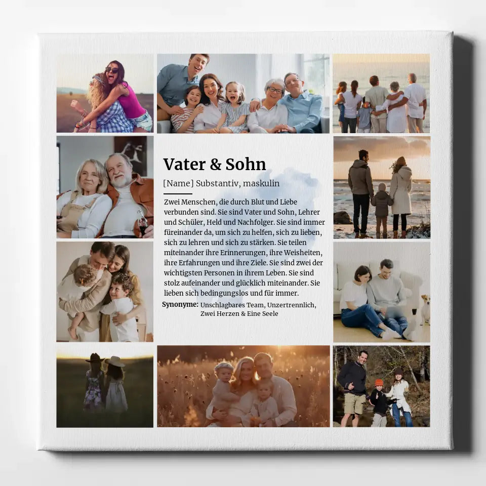 Definition Vater & Sohn Leinwand personalisiert für 10 Fotos Lila Herz