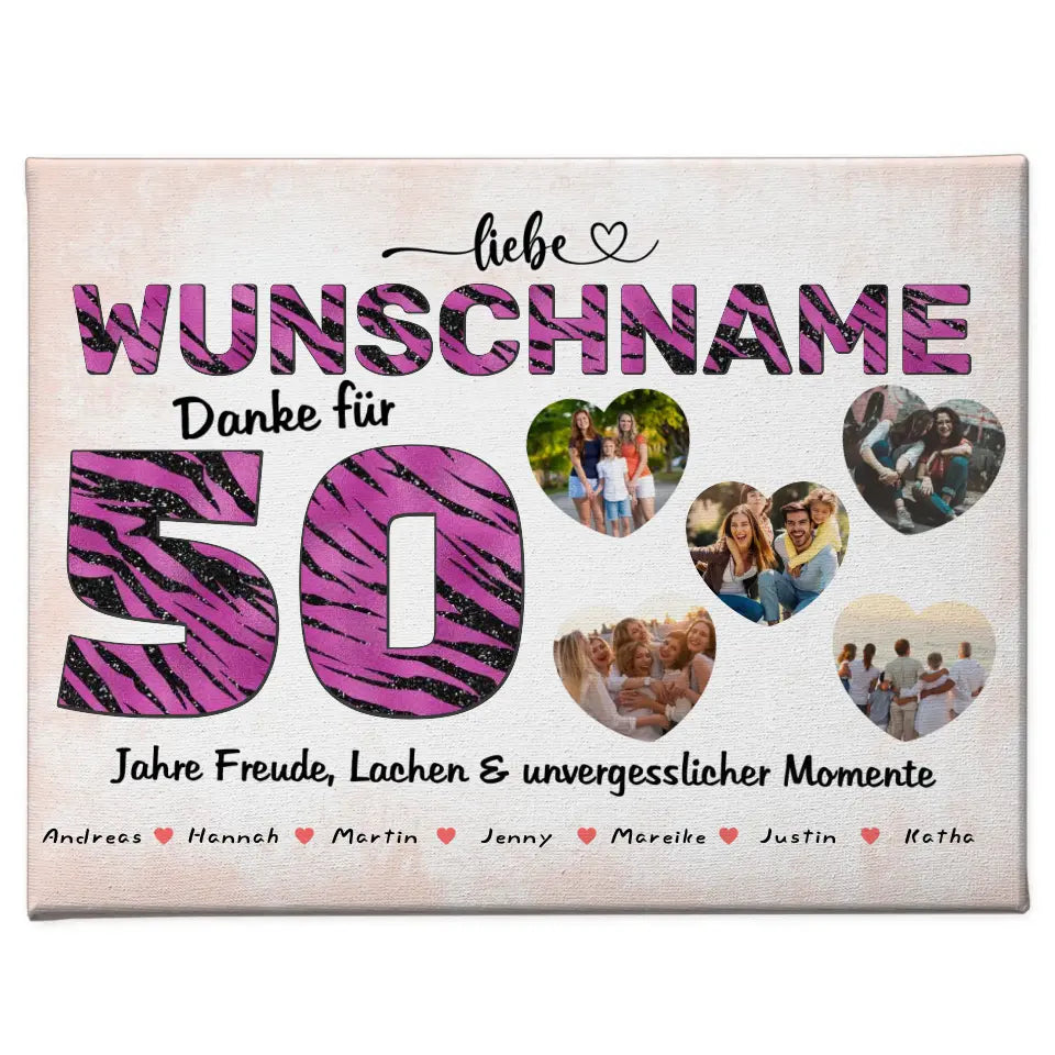 Personalisierte Leinwand 50 Geburstag Tante Tiger Look Pink