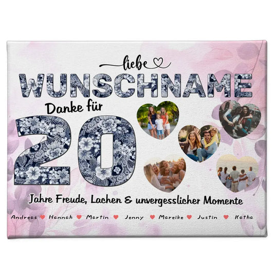 Personalisierte Leinwand 20 Geburstag für Schwester Wunschname Blumig 1
