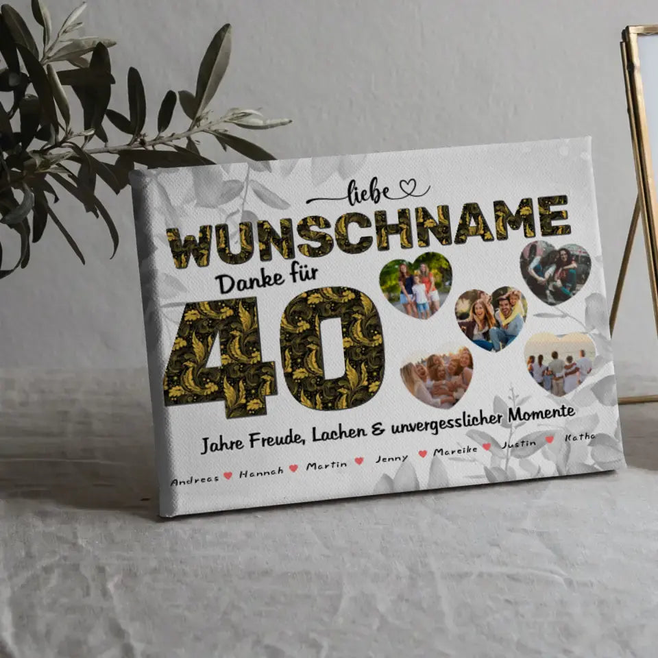 Leinwand personalisiert für Mama 40 Geburstag mit 5 Herz Fotos