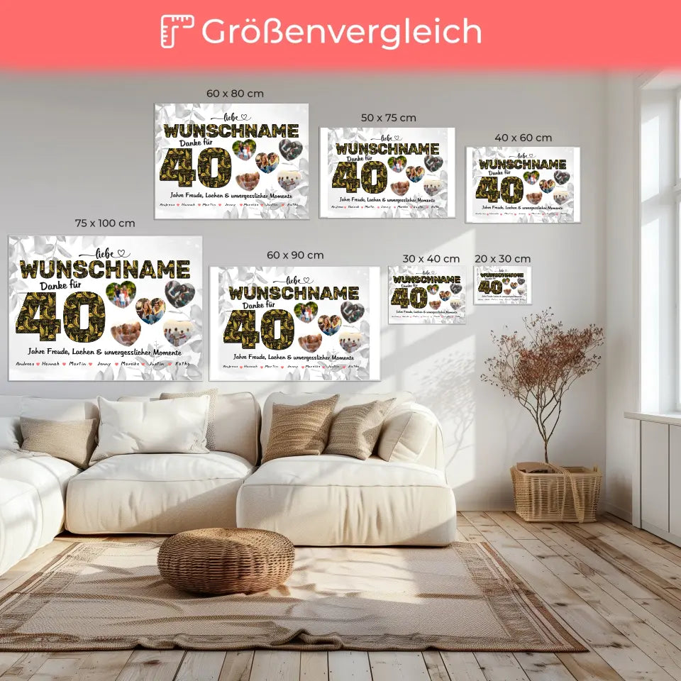 Leinwand personalisiert für Mama 40 Geburstag mit 5 Herz Fotos