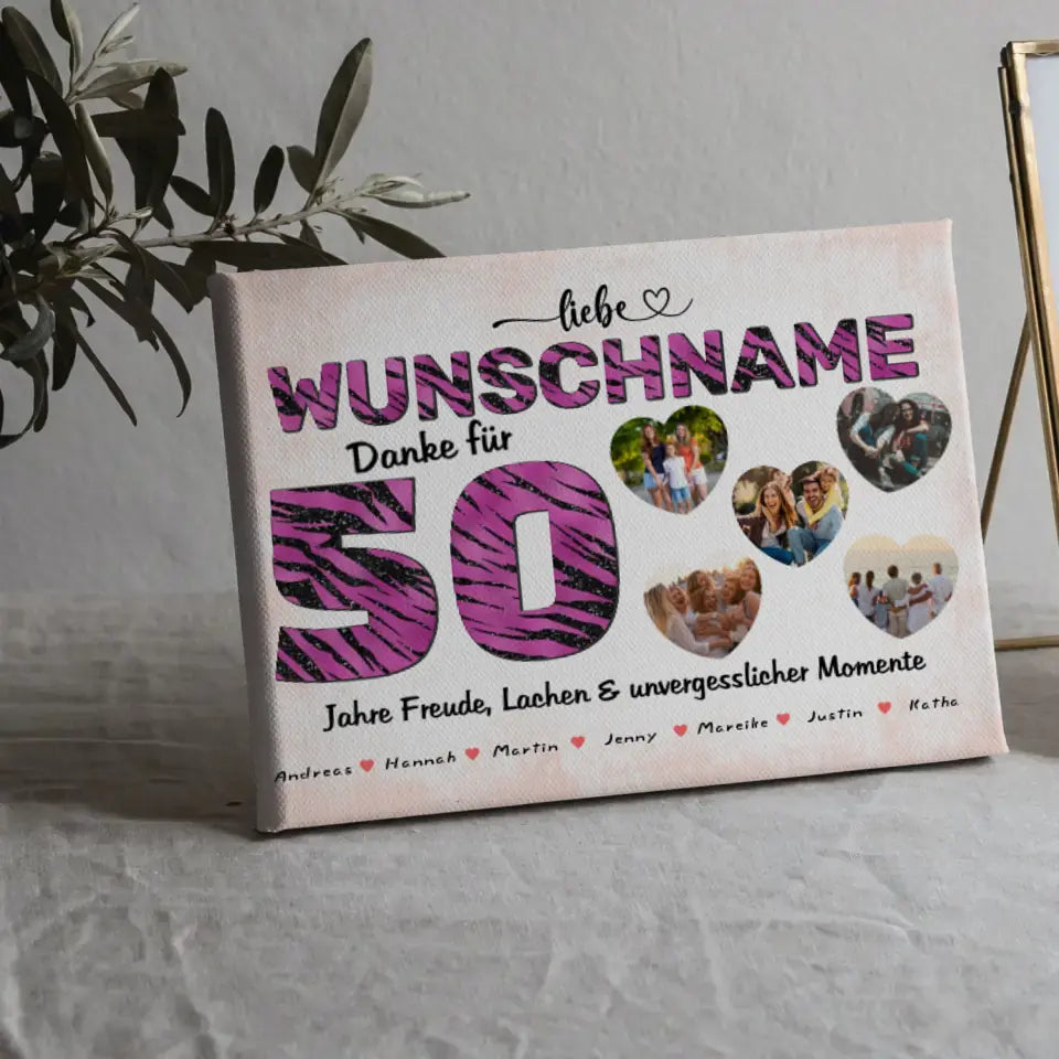 Personalisierte Leinwand 50 Geburstag Tante Tiger Look Pink