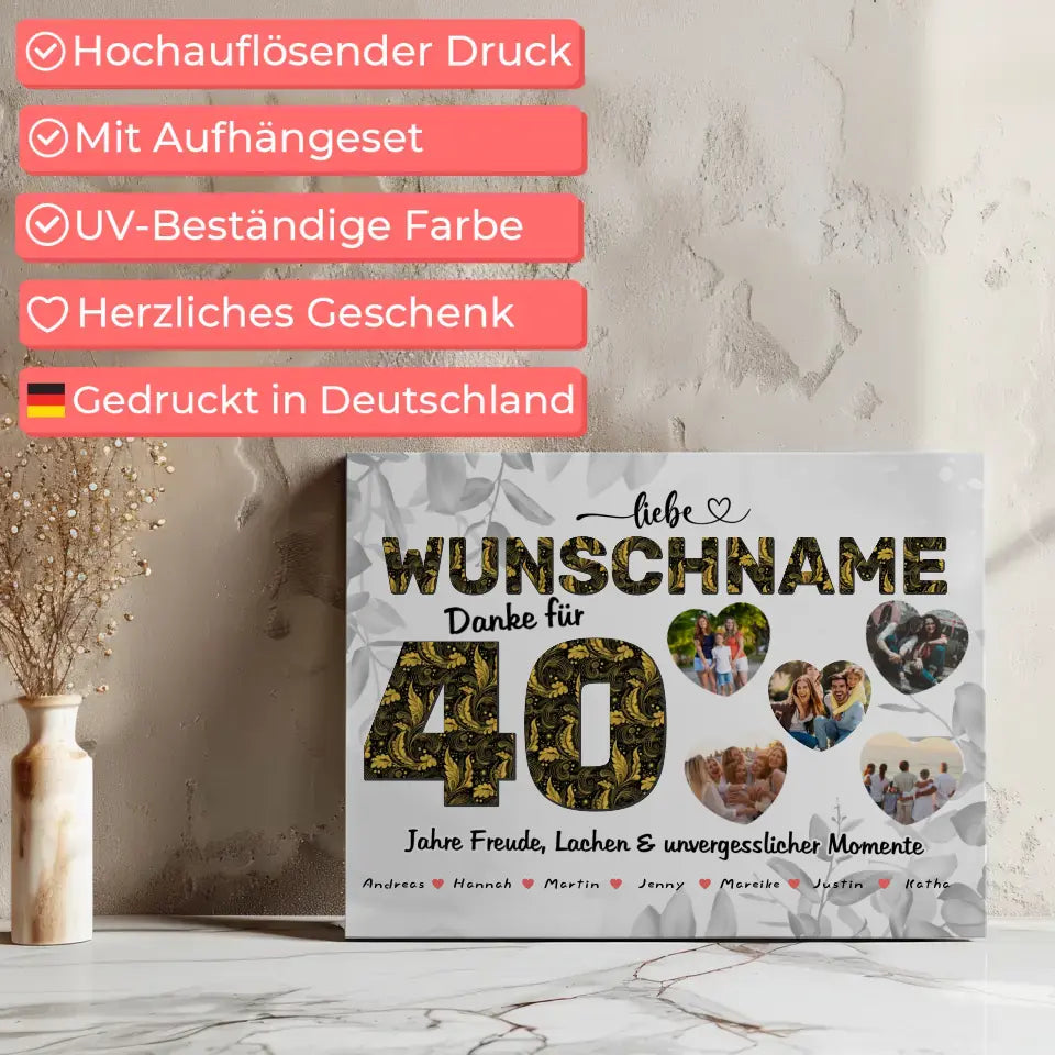 Leinwand personalisiert für Mama 40 Geburstag mit 5 Herz Fotos