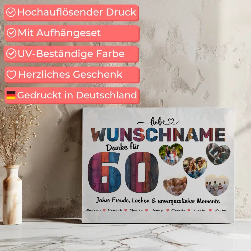 Poster mit 5 Fotos personalisiert 60 Geburstag Bunter Holz Look