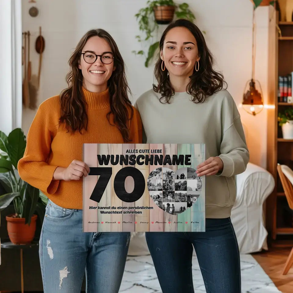 Personalisierte Herzen Poster 70 Geburstag für Tante Holz Look