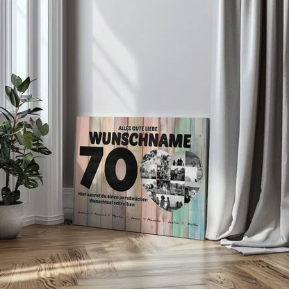 Personalisierte Herzen Poster 70 Geburstag für Tante Holz Look