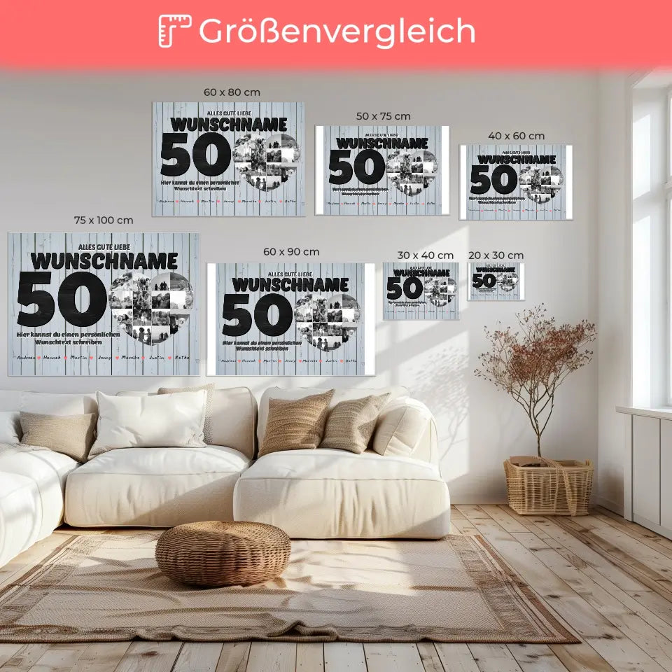 Geschenk Leinwand personalisiert 50 Geburstag Bis 15 Namen Schwarz Weiß