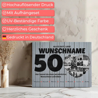 Geschenk Leinwand personalisiert 50 Geburstag Bis 15 Namen Schwarz Weiß