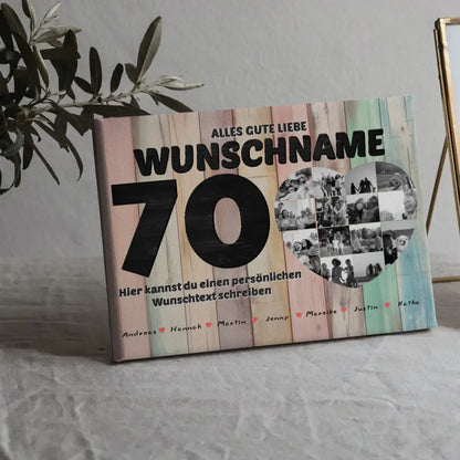 Personalisierte Herzen Poster 70 Geburstag für Tante Holz Look