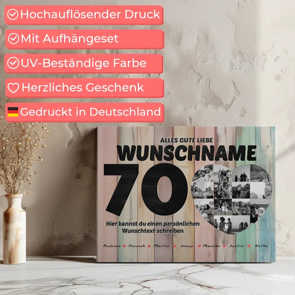 Personalisierte Herzen Poster 70 Geburstag für Tante Holz Look