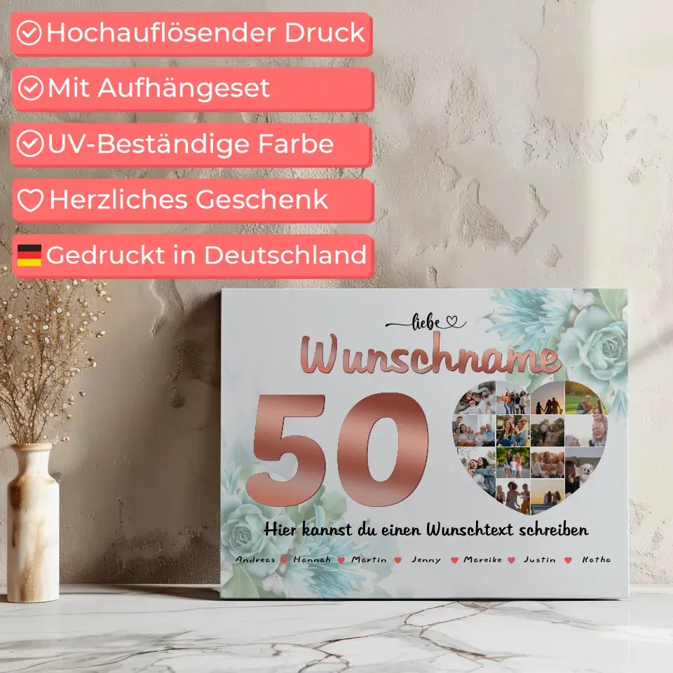 Geburtstags Leinwand für Oma 50 Geburstag mit 15 Namen Rose Look