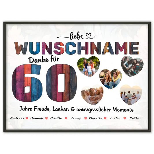 Poster mit 5 Fotos personalisiert 60 Geburstag Bunter Holz Look