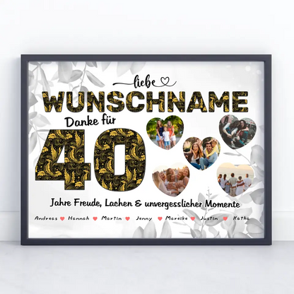 Poster personalisiert für Mama 40 Geburstag mit 5 Herz Fotos