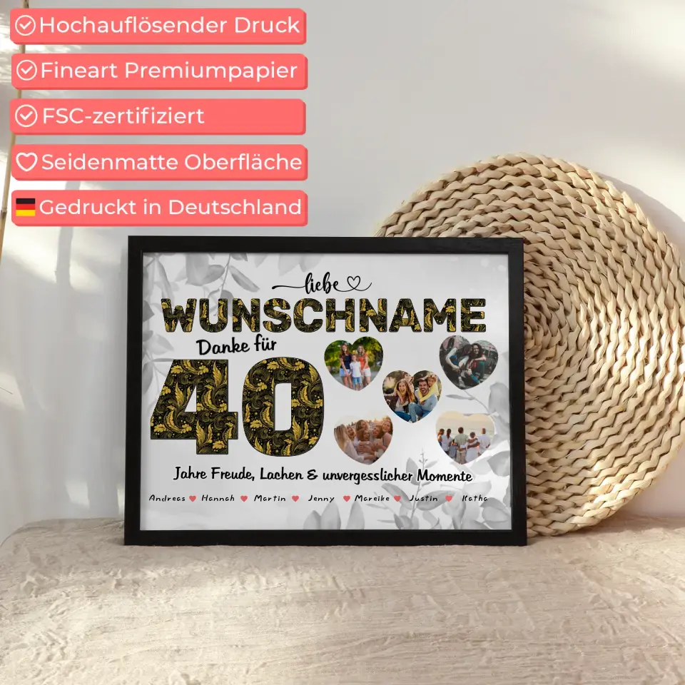 Poster personalisiert für Mama 40 Geburstag mit 5 Herz Fotos