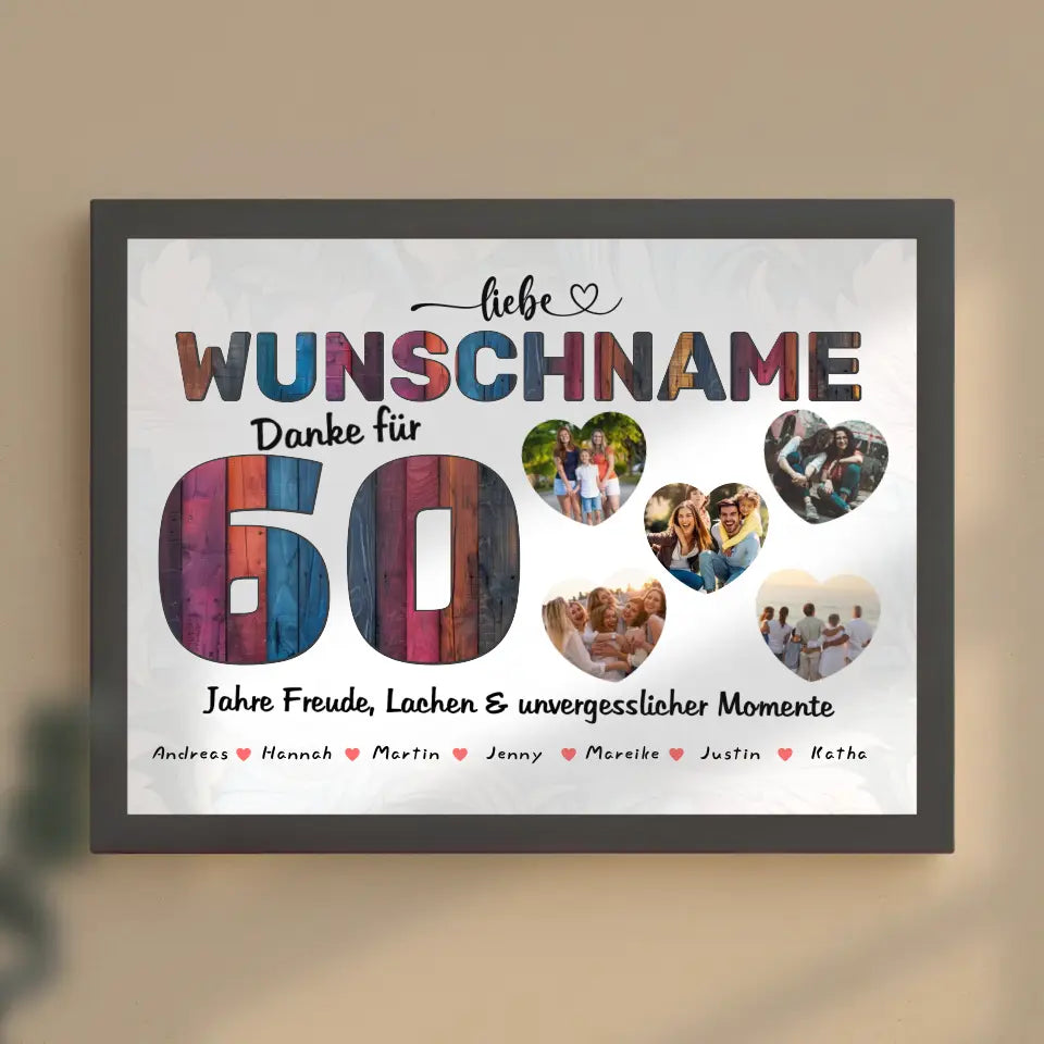 Poster mit 5 Fotos personalisiert 60 Geburstag Bunter Holz Look