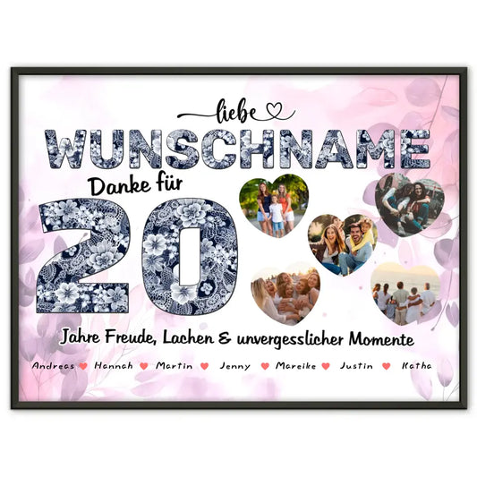 Personalisiertes Poster 20 Geburstag für Schwester Wunschname Blumig