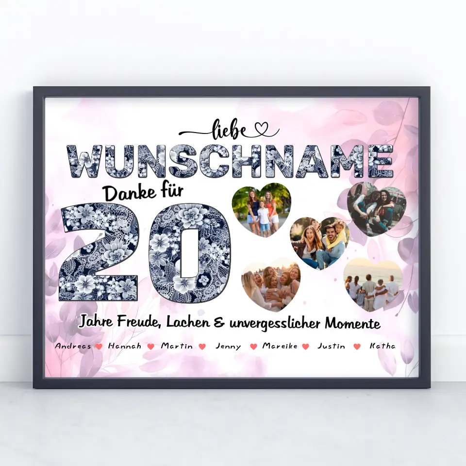 Personalisiertes Poster 20 Geburstag für Schwester Wunschname Blumig