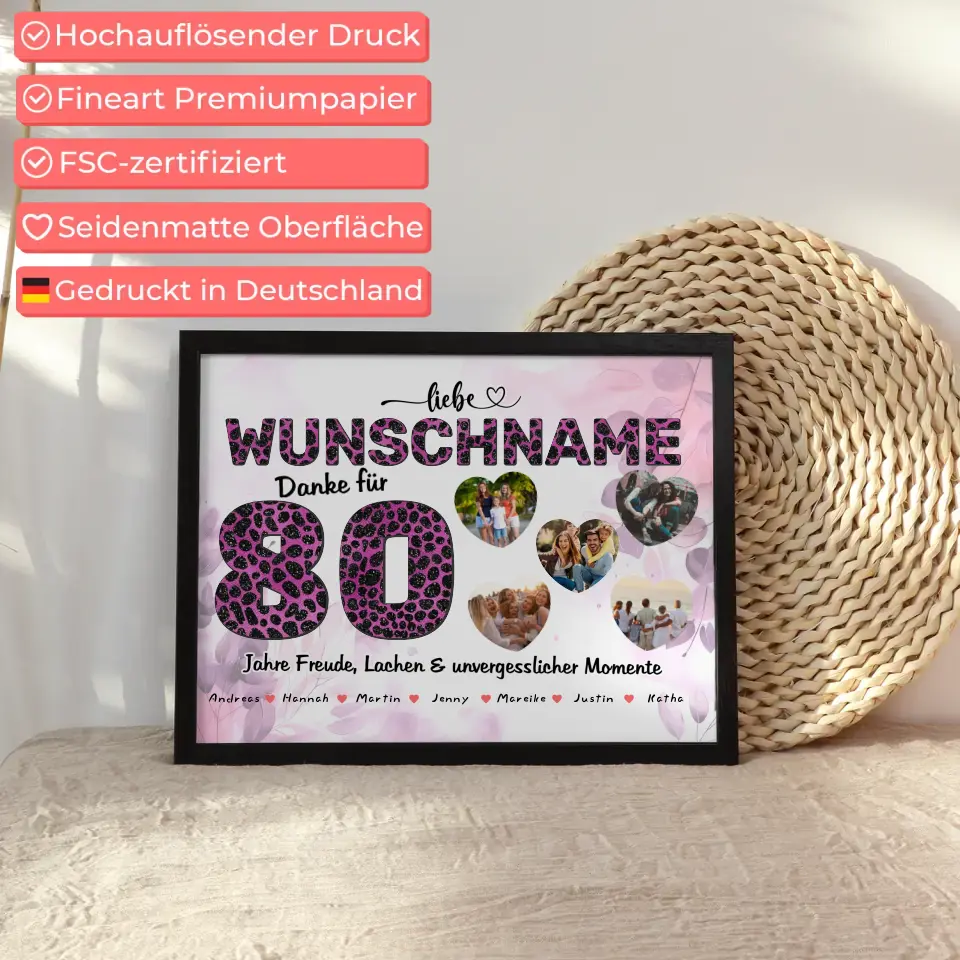 80 Geburstag Poster für Tante Personalisiert Pinker Leo Look