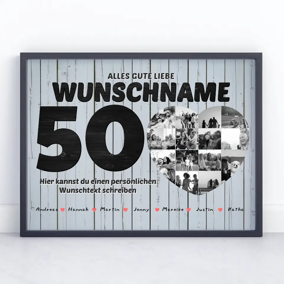 Geschenk Poster personalisiert 50 Geburstag Bis 15 Namen Schwarz Weiß