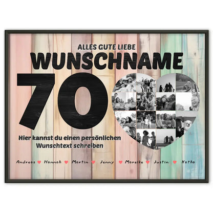 Personalisiertes Herzen Poster 70 Geburstag für Tante Holz Look