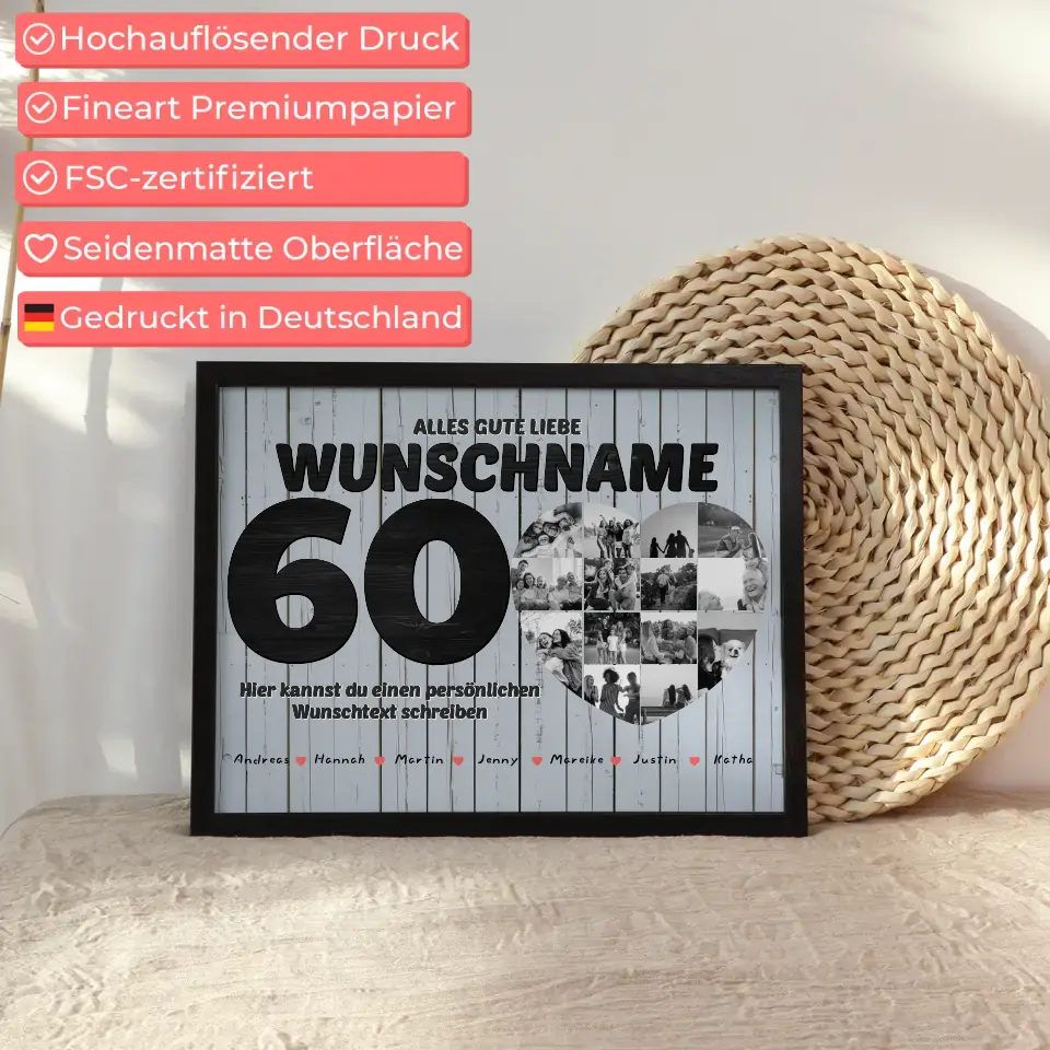 Personalisiertes Herzen Poster 60 Geburstag für Mama Wunschtext