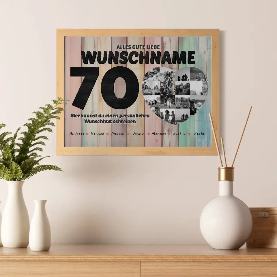 Personalisiertes Herzen Poster 70 Geburstag für Tante Holz Look