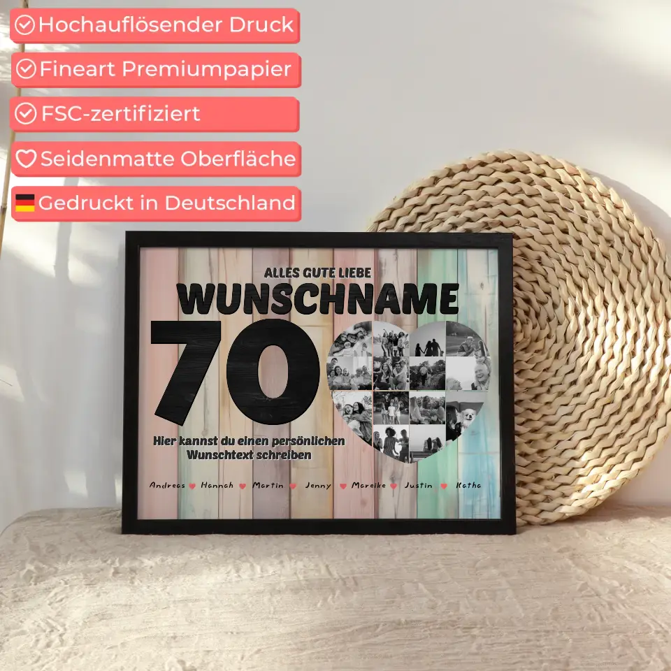 Personalisiertes Herzen Poster 70 Geburstag für Tante Holz Look