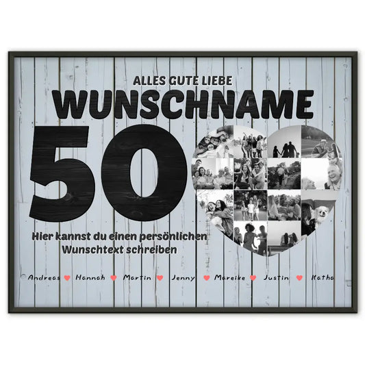 Personalisiertes Herzen Poster 50 Geburstag für Schwester Wunschtext