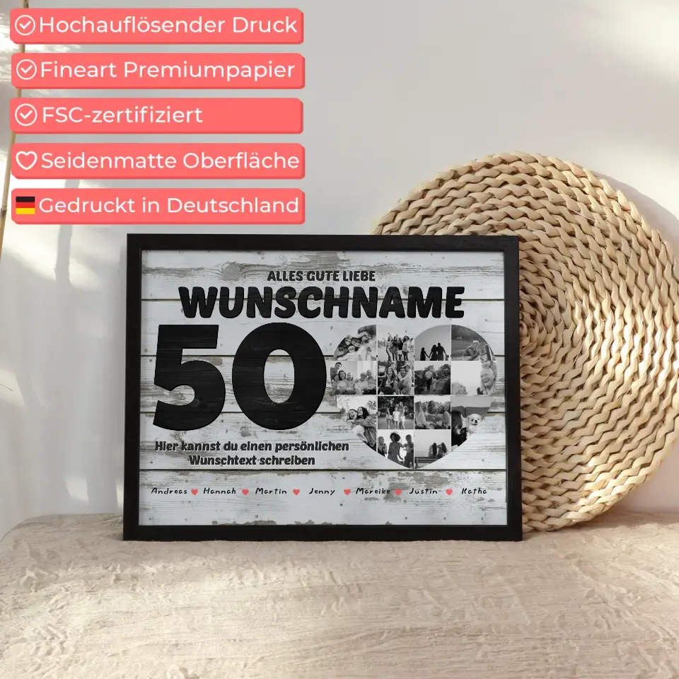 Poster mit Wunschtext zum 50 Geburstag Personalisiert Geschenk mit 14 Fotos