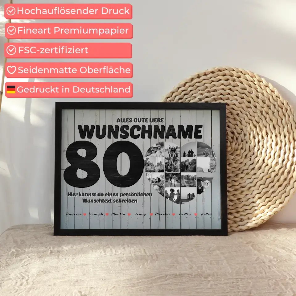 80 Geburstag Fotocollage mit Wunschtext und Bis 15 Namen