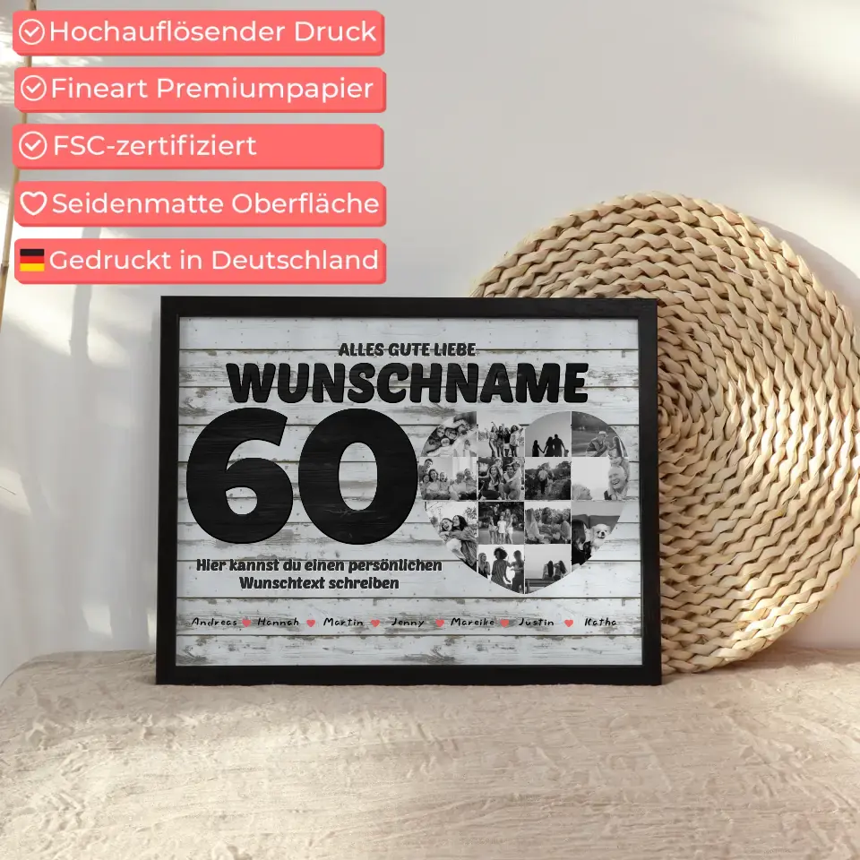 60 Geburstag Fotocollage mit Wunschtext und Bis 15 Namen