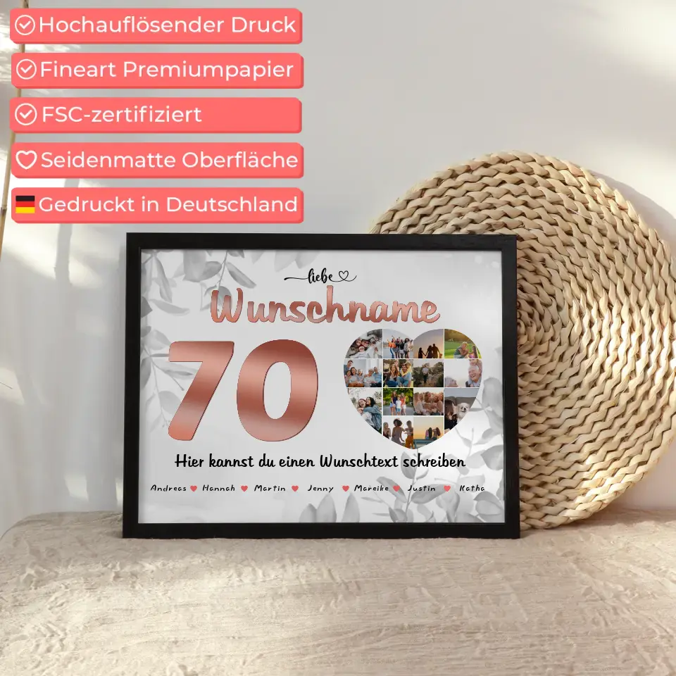 Personalisiertes Patentante Poster 70 Geburstag Rose Farbe Eigener Wunschtext
