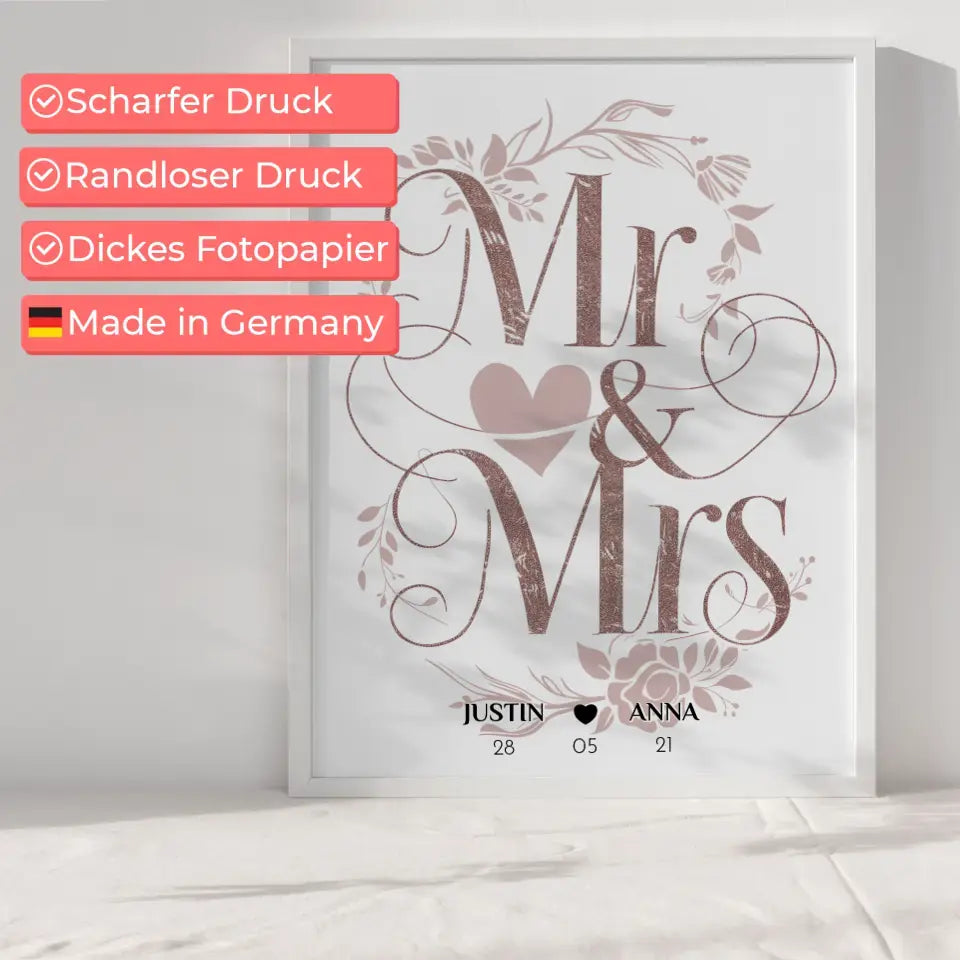 Liebes Poster Mr & Mrs Hochzeit & Verlobung Personalisiert