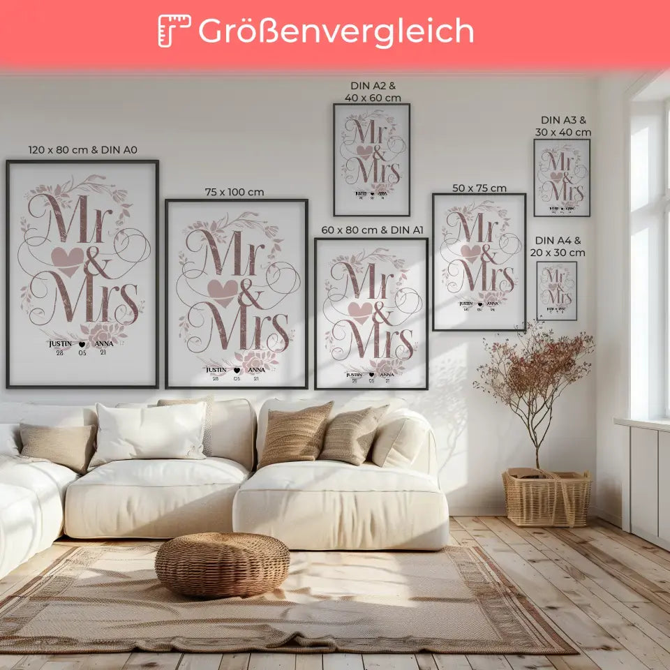 Liebes Poster Mr & Mrs Hochzeit & Verlobung Personalisiert