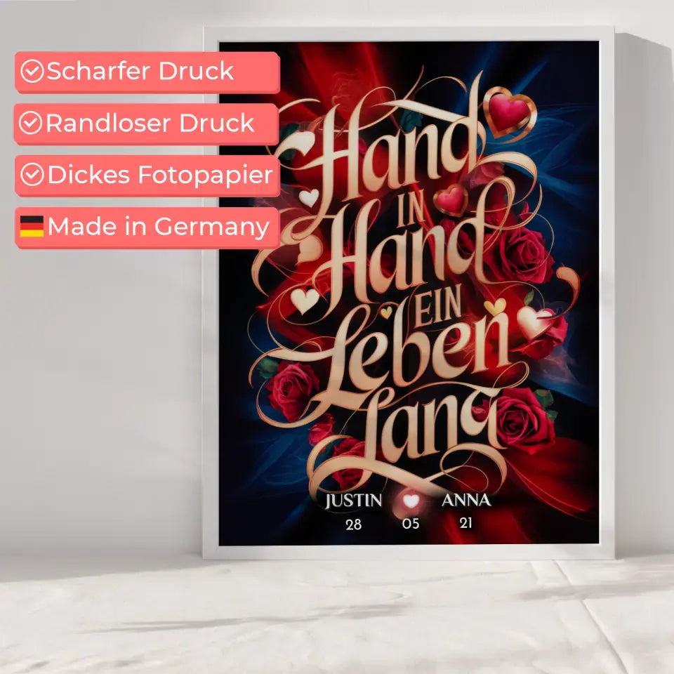 Poster personalisiert Hand In Hand für Paare Liebesbild