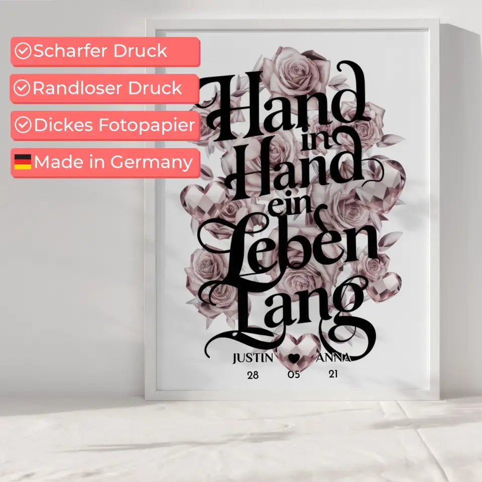 Paar Poster Hand In Hand Ein Leben Lang personalisiert Geschenk