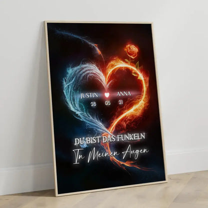 Poster für Freundin Feuer & Wasser Herz Liebesposter personalisiert