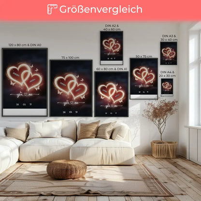 Personalisiertes Poster für Paare Licht Herzen mit Namen