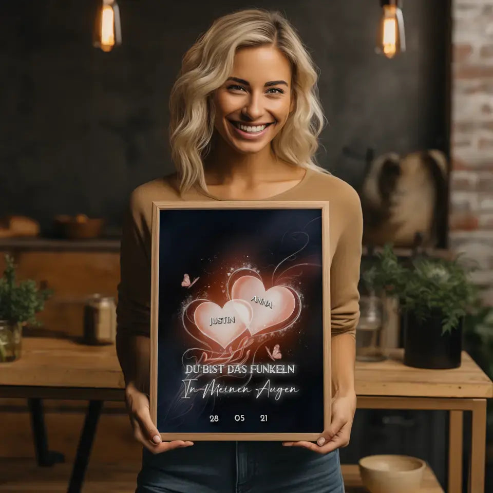 Pärchen Poster Glow Hearts Mit Namen & Datum Personalisiert