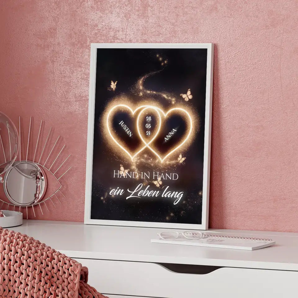 Poster personalisiert Licht Herzen mit Namen Liebesbild