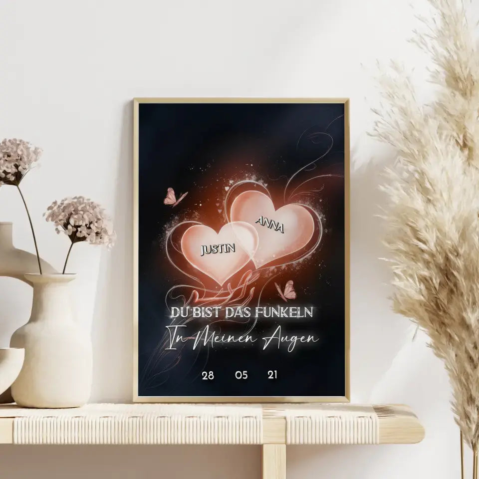 Pärchen Poster Glow Hearts Mit Namen & Datum Personalisiert