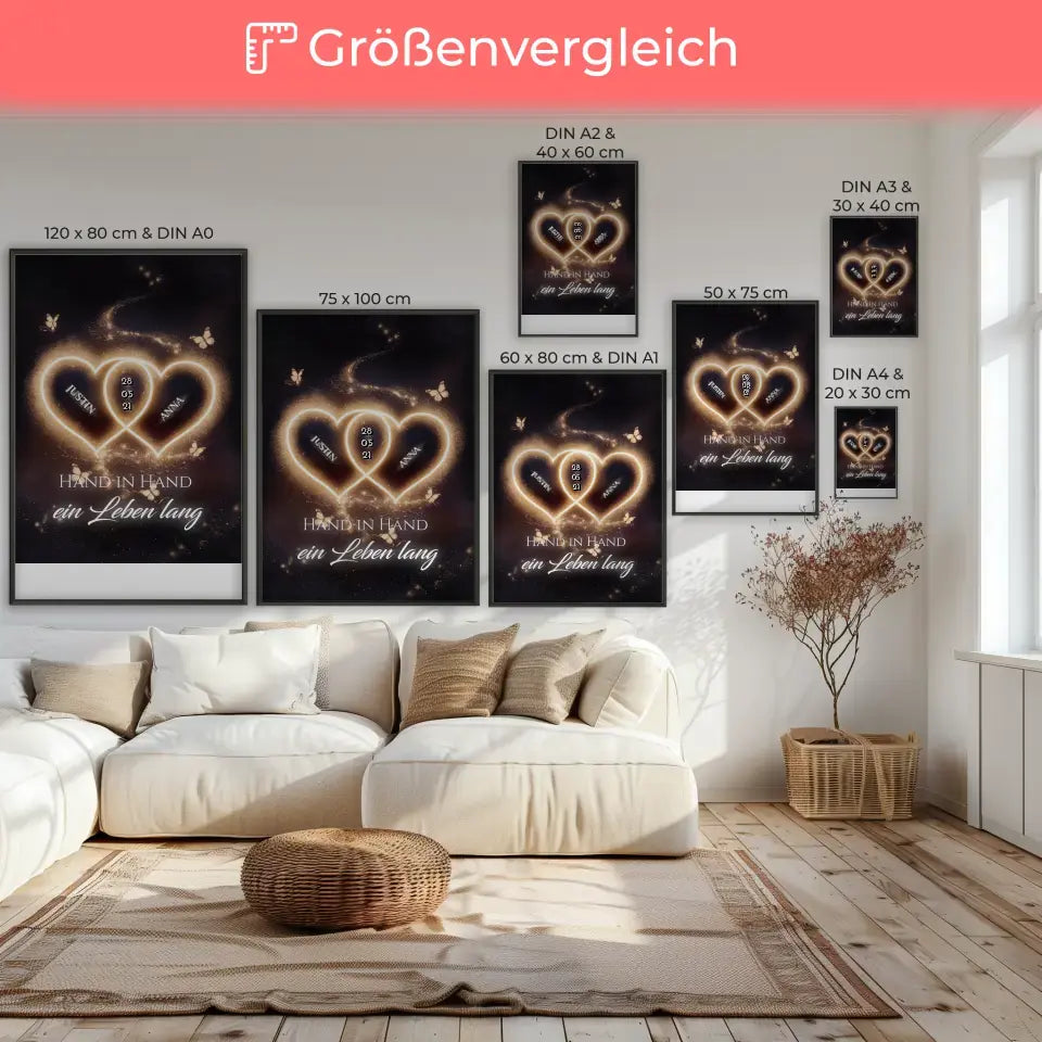 Poster personalisiert Licht Herzen mit Namen Liebesbild