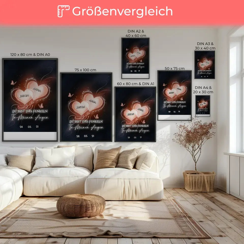 Pärchen Poster Glow Hearts Mit Namen & Datum Personalisiert