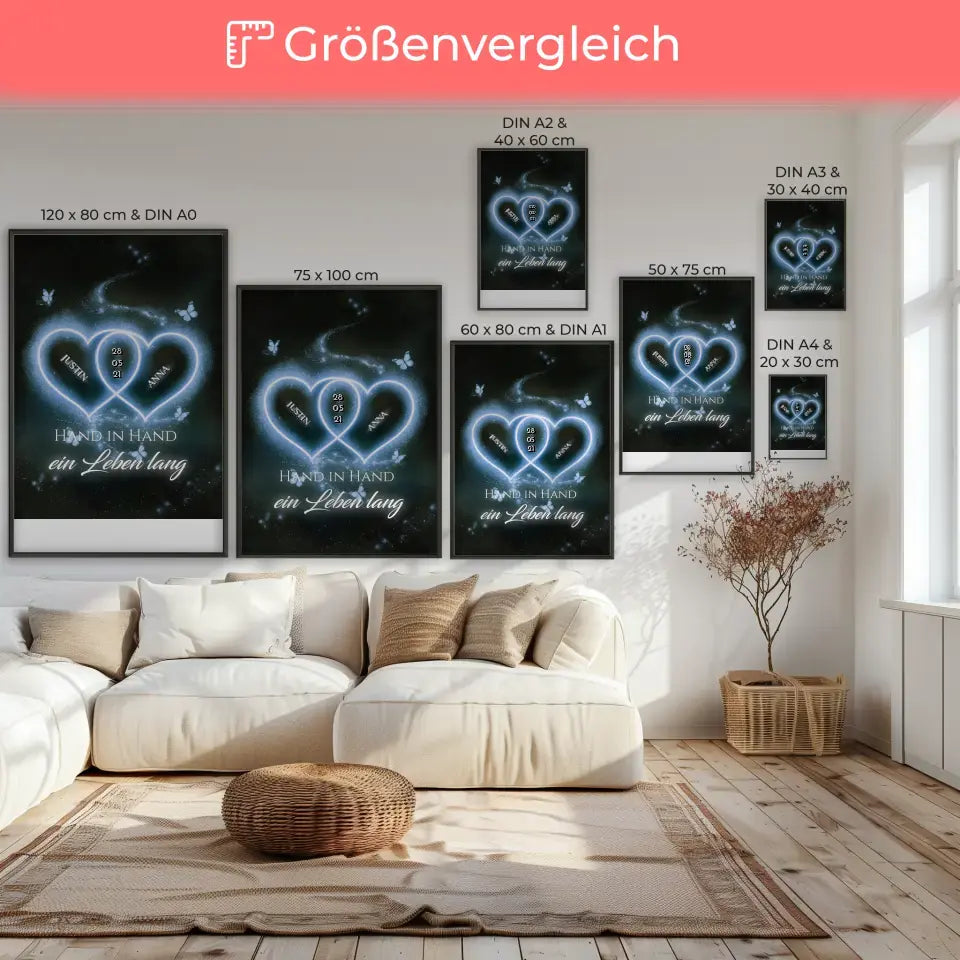 Personalisiertes Poster Paar Blaue Herzen Mit Namen & Datum Liebe