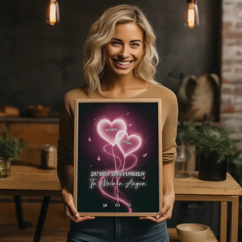 Paar Poster Rosa Licht Herzen personalisiert