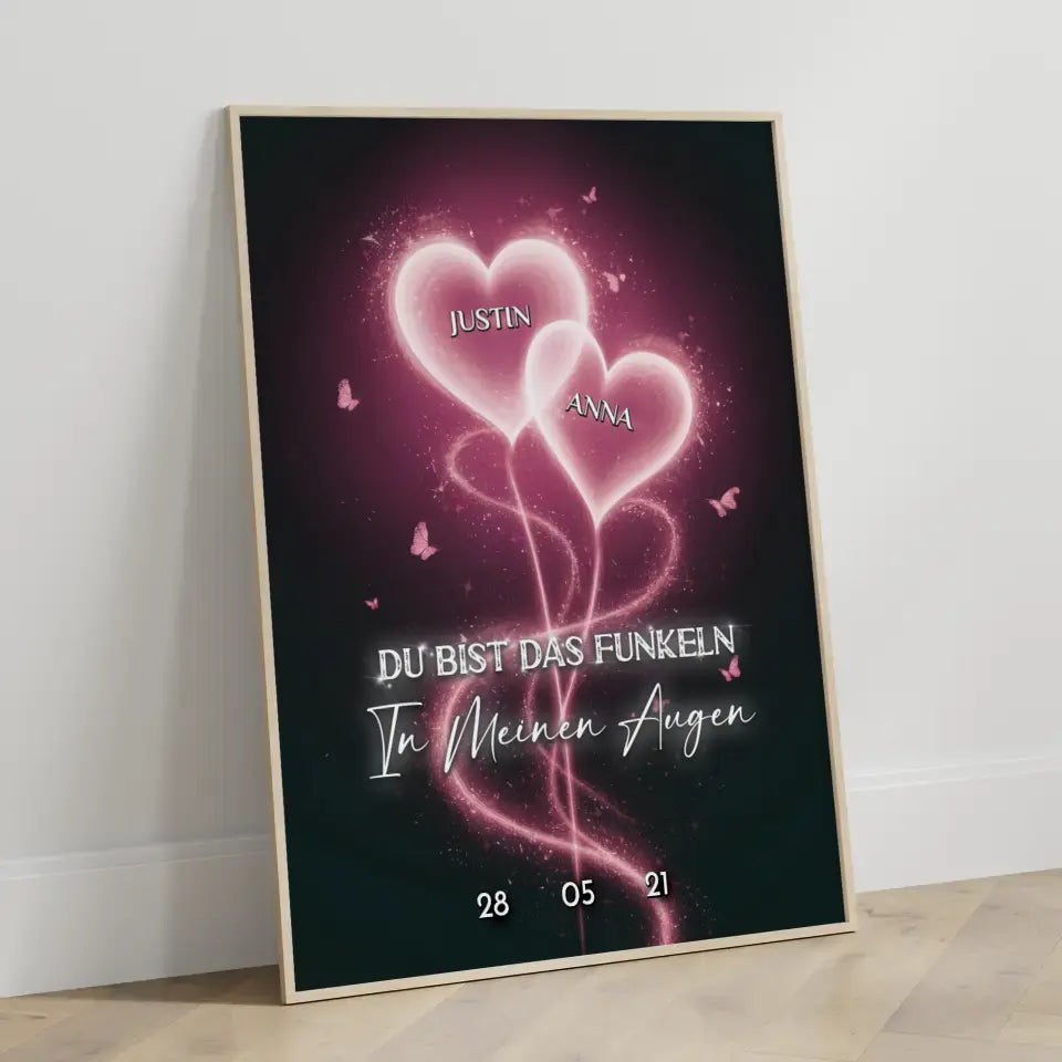 Paar Poster Rosa Licht Herzen personalisiert