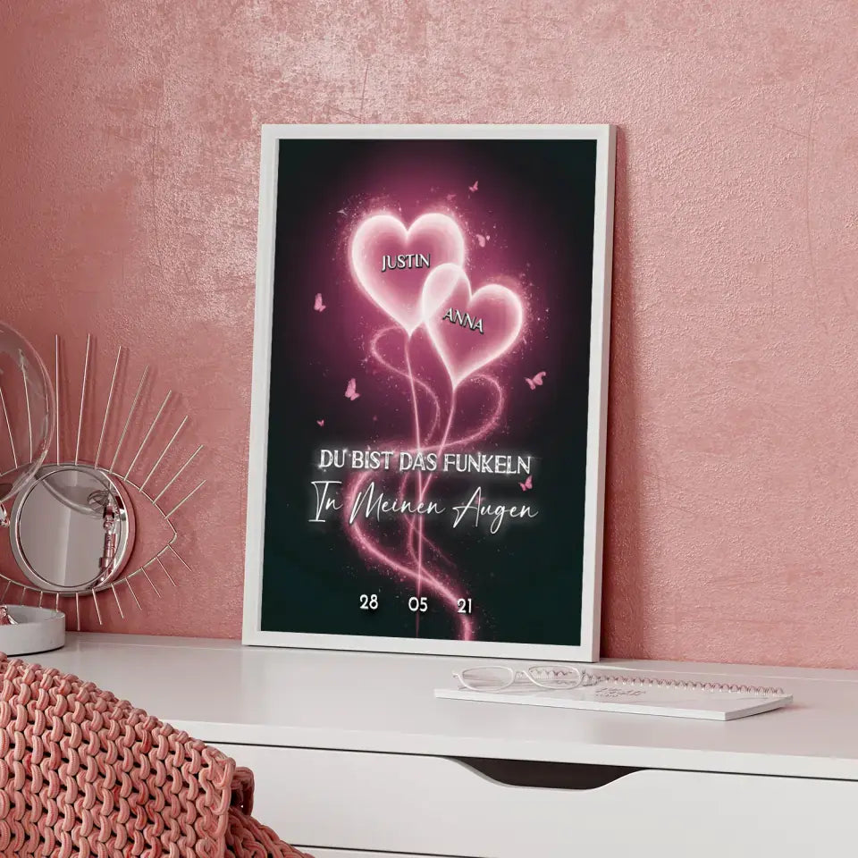 Paar Poster Rosa Licht Herzen personalisiert