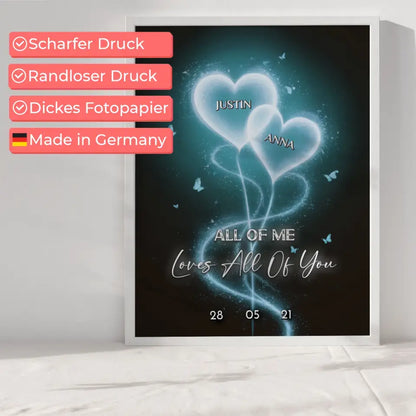 Poster für Freundin Blaue Licht Herzen Liebesposter personalisiert