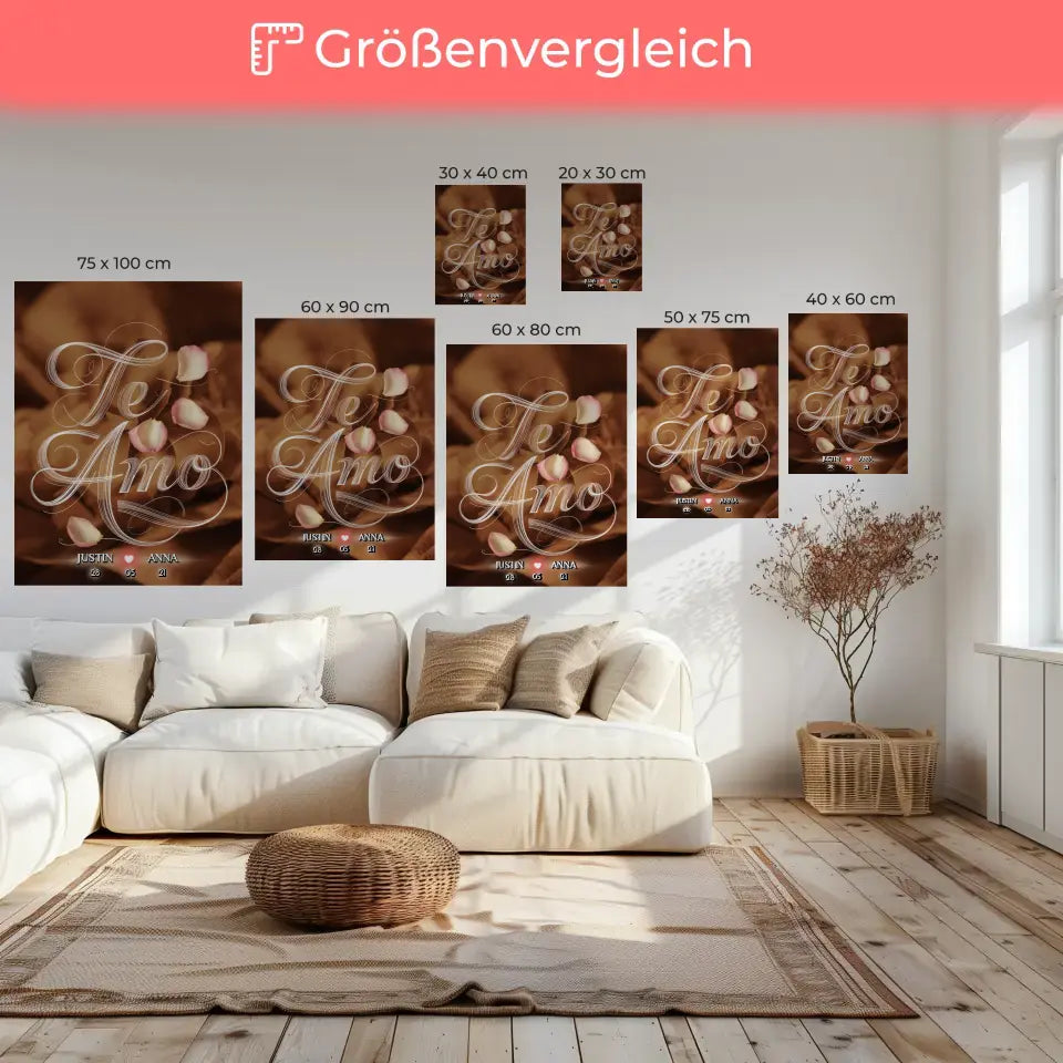 Personalisierte Leinwand Liebe Te Amo mit Namen & Datum